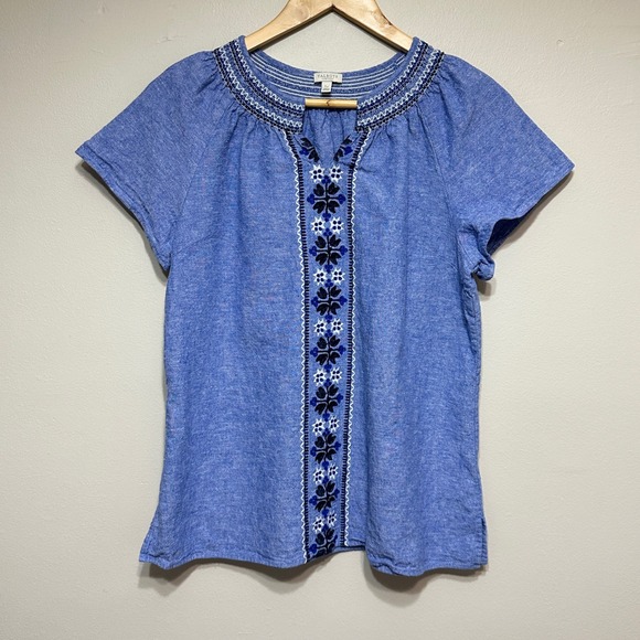 Talbots Tops - Talbots Petite Embroidered Linen Blend Top‎ Womens LP Floral Boho Resort Beach